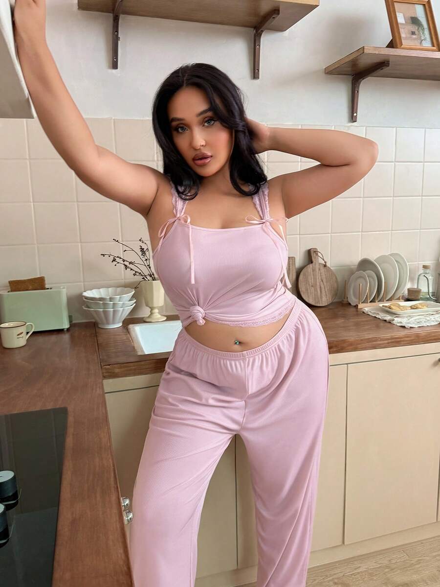 SHEIN Plus Size Women Pink Lace Camisole Pajama Set Co Ord Set Women - Pink - View 1