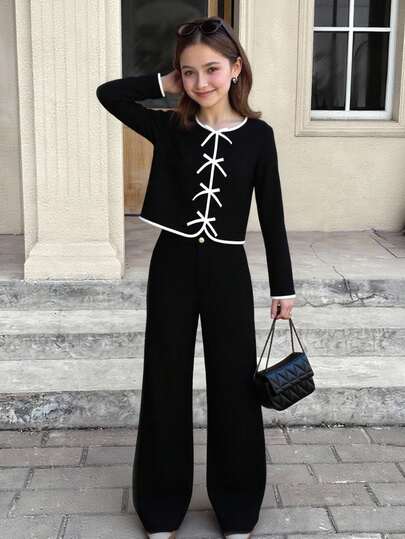 SHEIN 青少年女孩系带开衫套装，撞色蝴蝶结，女孩上衣，纯色休闲宽松裤，女孩两件套，日常休闲装，上班通勤装，情人节装，少女连衣裙，母女装搭配，可爱干净的女孩