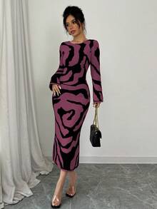 Elenzga Women's Sweater Dress With Flare Sleeves - Purple - View 4
