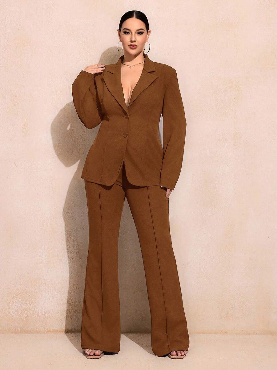 SHEIN SXY Plus Size Women Business Casual Solid Color Suede Blazer Jacket And Flared Suit Pants Set In Fall/Winter - Brown - View 1