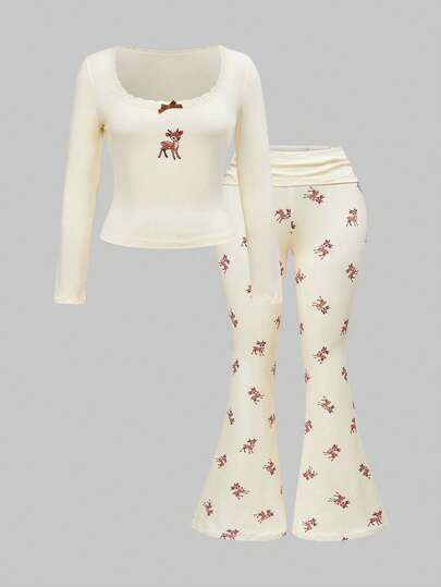 Kawaii Plus Size Cute Deer Embroidery Lace Blouse & Deer Print Flare Pants 2 Pieces Set, Autumn/Winter