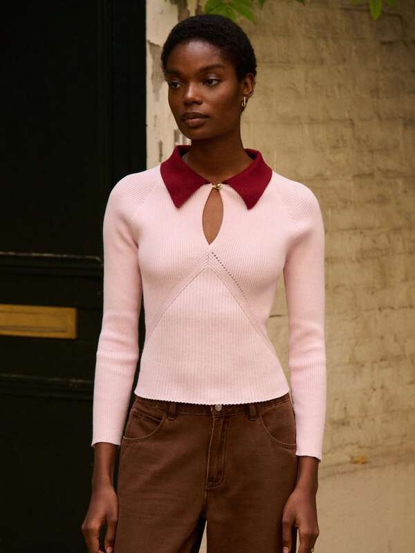 lacRébo كنزة صوفية محبوكة بالأحرف الرفيعة باللون الوردي مع طوق بلون بوردو متباين وفتحة أزرار، أنيقة للخريف والشتاء