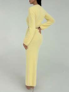 Aloruh Light Yellow Ribbed Tight Crew Neck Long Sleeve Sweater + Tight Long Knit Dress, Stylish Outfit For Young Women - Light Yellow - View 3