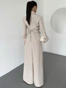 Firerie 女士休闲优雅收腰阔腿裤和长袖西装外套，米色仿亚麻纹理面料/褶皱阔腿裤/适合通勤/舒适的女士秋冬装/女士秋冬裤/新年/老款风格穿搭/休闲装 - 杏色 - 查看 6