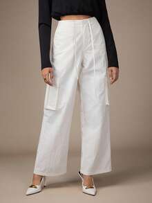 Modelyn Women's Casual Solid Color Flap Pocket Straight Leg Pants, Autumn - White - View 4
