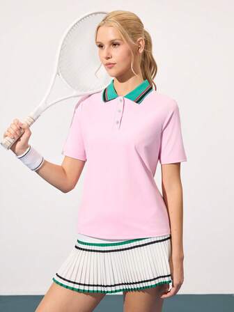 CourtClass Färgblockerande pikétröja med knappar, sommarmode för sportkläder