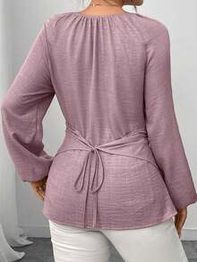 Elenzga Women's Beaded Wrap-Style Cinched Waist Shirt, Autumn/Winter - Baby Pink - View 2