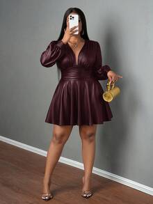 SHEIN CURVE+ Curve Plus Size/Autumn Clothes /Fall Women Clothes/Winter Clothes For Women/Winter ClothesPlus Size Deep V-Neck PU Leather Dress, Casual Punk Style, Suitable For Halloween, Dark, Black Dress Plus Size Dress Plus Size Faux Leather Dress Plus Size V Neck Dress Plus Size Club Dress Curvy Dress/Autumn /Winter - Burgundy - View 5