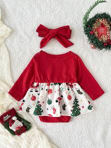 Playful Pals Baby Girl Christmas Letter, Christmas Tree, Santa Claus Print Bow Decor Romper Dress + Headband, Autumn/Winter