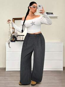 SHEIN EZwear Plus Size Black Plaid Woolen Suit Pants, Autumn/Winter - Black - View 5
