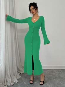 Elenzga Women's Front Button Flare Sleeve Fitted Knit Dress - Green - View 4