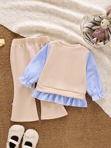 SHEIN 2 Stücke Baby Mädchen süßer blauer Blumen Dekor bequemer gestreifter Langarm-Top & blaue lässige Schlaghose Set