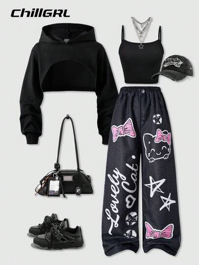 SHEIN Streecool Kids Casual Tween Girl Loose Street Style Denim Print Pants, Cropped Camisole Top, Long Sleeve Hooded Mesh Blouse 3-Piece Outfit, Fashion