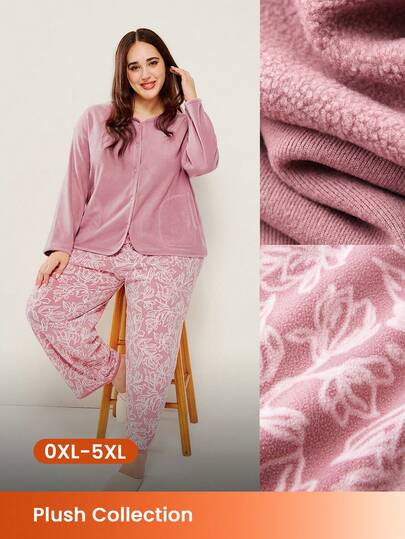 LUVLETTE Große Größen Winter Basics Weich und Warm Damen Bedruckter Langarm Pyjama Set Lounge Pink 2-teiliges Set