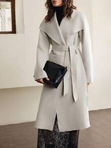 Ontre 2025新款超大羊毛混纺翻领长袖夹克，杏色，现代都市风格，商务休闲，通勤，日常穿着，秋季 - 杏色 - 查看 9