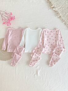 SHEIN Vintaside Kids 6 件套女婴可爱心形印花兔子上衣，长袖荷叶边休闲舒适运动服套装 - 彩色 - 查看 2