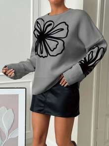 SHEIN Cottnline Women's Plus Size Floral Embroidery Round Neck Pullover Sweater, Autumn/Winter - Light Grey - View 5