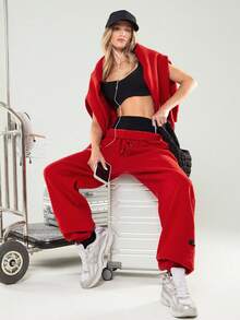 GLOWMODE Heavyweight Fleece Oversized Fit Adjustable Drawstring Waist Basic Joggers With Side Pockets Daily Casual Thermal Warm Winter - Fiery Red - View 7