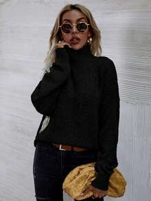 SHEIN LUNE Women's Solid Color High Neck Dropped Shoulder Long Sleeve Loose Casual Pullover Sweater, Autumn/Winter - Black - View 4