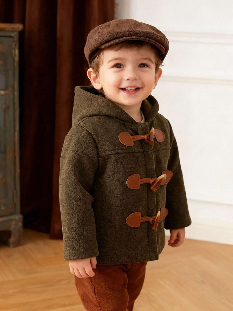 Toddler Boys' Fashionable Minimalist Military Green Patchwork Horn Button Long Sleeve Hooded Jacket, Vintage Versatile For Casual, Outdoor, School, Autumn/Winter - Dark Green - View 1