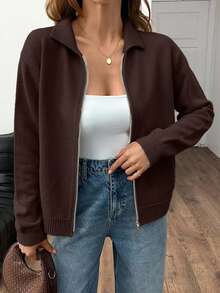 SHEIN Women Polo Neck Zipped Pocket Cardigan - Brown - View 3