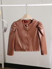 Tween Girl Casual PU Leather Zip-Up Round Neck Puff Sleeve Jacket, Autumn - Brown - View 7