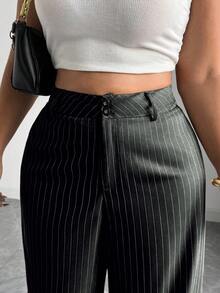 SHEIN Tall 大码女式条纹阔腿宽松舒适休闲裤 - 黑色 - 查看 4