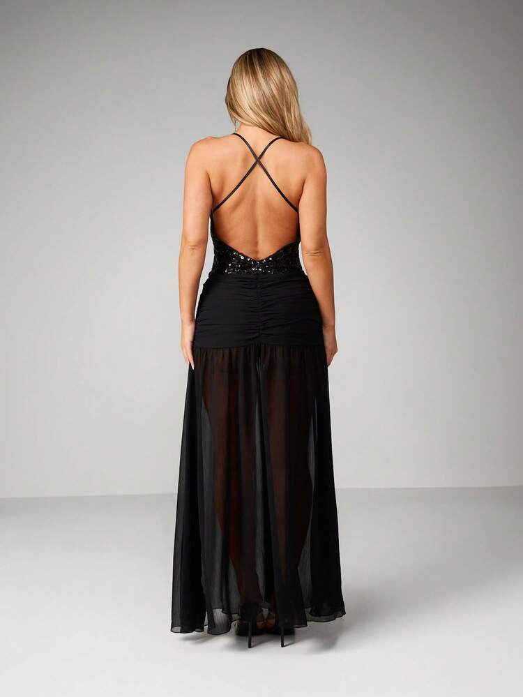 MISSGUIDED Sequined Halter Neck Bodycon Maxi Dress With Sheer Mesh Skirt Ruched Waist Evening Formal Gown