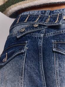 MUSERA 水洗可调节后扣腰带细节卷边牛仔裤，适合秋冬季外出日常休闲夜生活，宽松版型，酷炫街头风水洗T恤 - 中等水洗藍 - 查看 5