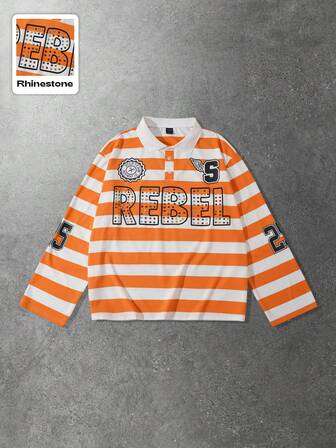 Street Life Herren Locker geschnittenes Poloshirt mit funkelnden Diamant-Streifen und Langarm