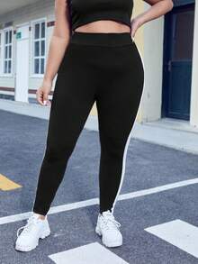 SHEIN EZwear Leggings de moda de talle alto con rayas de contraste para tallas grandes