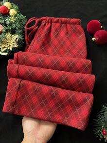 SHEIN Unity 1pc Women's Red Plaid Low Waist Drawstring Casual, Homewear, Christmas Pants - Red - View 1