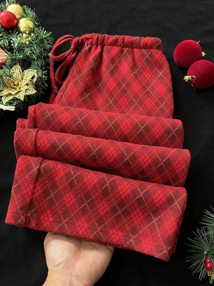 SHEIN Unity 1pc Women's Red Plaid Low Waist Drawstring Casual, Homewear, Christmas Pants - Red - View 1