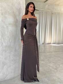 Aloruh Đầm dự tiệc bodycon trễ vai màu nâu có dây trang trí kim loại, tay dài, dễ mặc - Cà phê nâu - Xem 7
