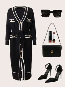 Ellevyn 大码撞色系带长袖休闲毛衣裙 - 黑與白 - 查看 1