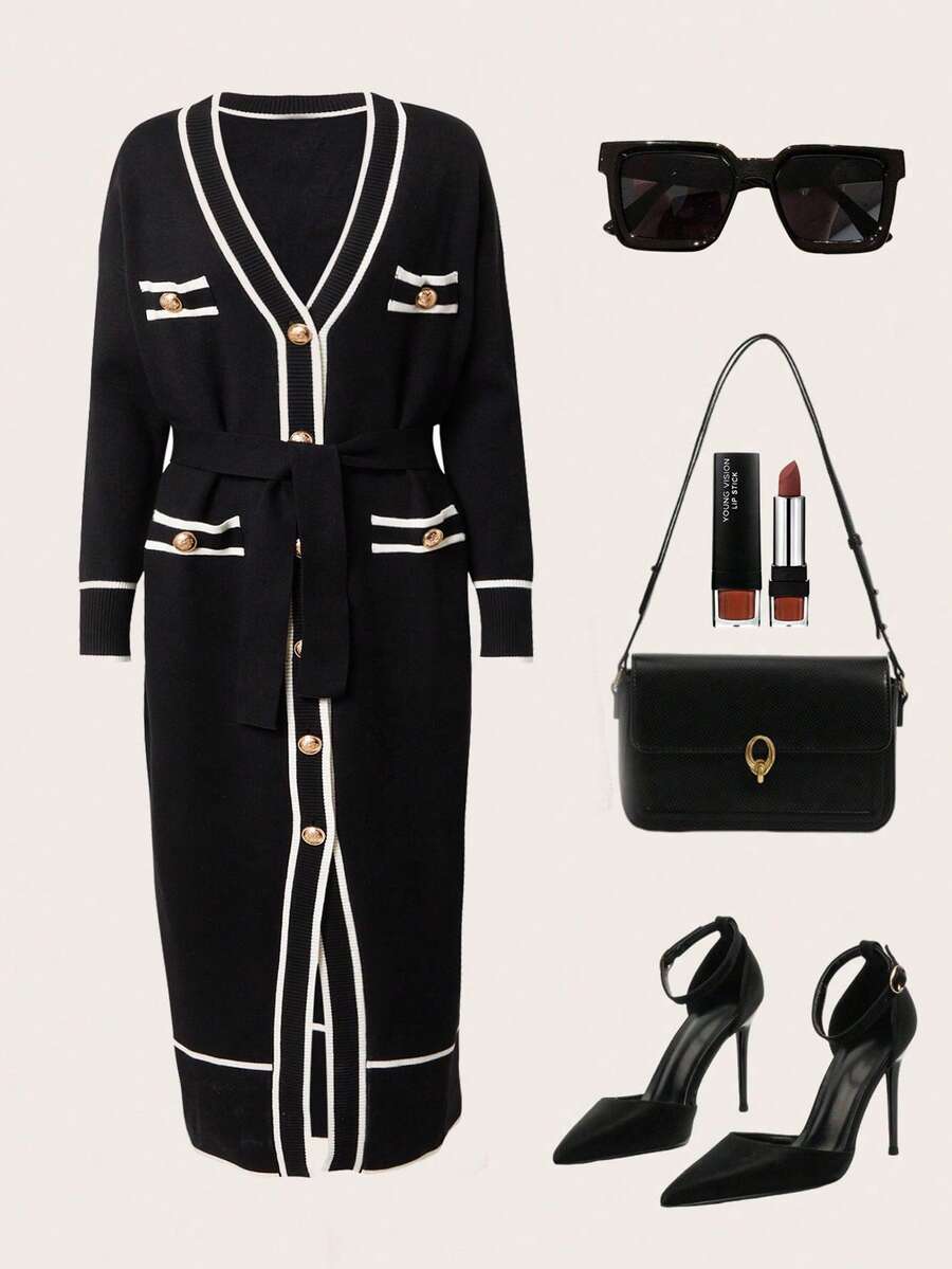 Ellevyn 大码撞色系带长袖休闲毛衣裙 - 黑與白 - 查看 1