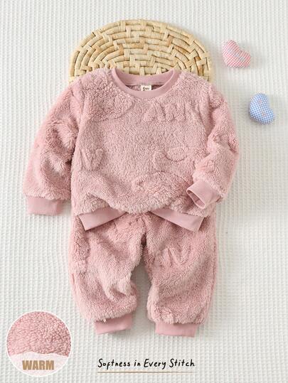 Cozy Pixies 2pcs Baby Girl Thermal Lined Crew Neck Long Sleeve Sweatshirt And Elastic Waist Ankle Length Pants Set, Warm Outfit Suitable For Winter Outdoor And Indoor Wear