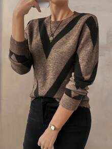 EMERY ROSE 2024 Autumn Winter New Arrival Geometric Striped Pullover Sweater,Long Sleeve Tops Knit Pullover Fall Outfit