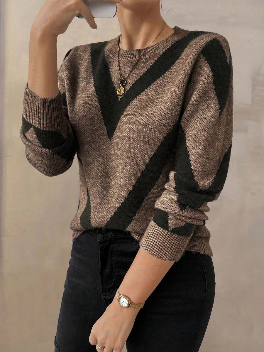 EMERY ROSE 2024 Autumn Winter New Arrival Geometric Striped Pullover Sweater,Long Sleeve Tops Knit Pullover Fall Outfit