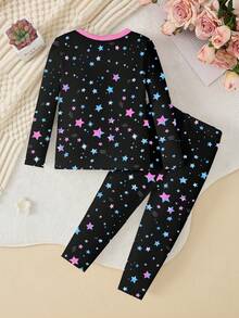 SHEIN 2 件套女孩可爱独角兽夜光星空印花休闲优雅宽松睡衣套装，长裤和长袖上衣 - 粉色 - 查看 2