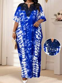 SHEIN Lady 春夏秋冬优雅紫色梭织缺口长袍连衣裙蕾丝领度假大码连衣裙 - 寶藍色 - 查看 7