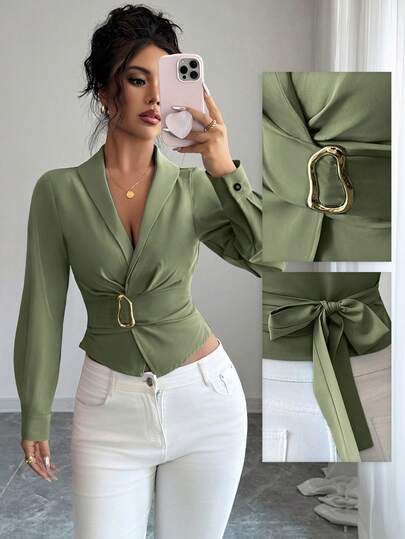 Elenzga Camisa de mujer elegante de unicolor con cintura ceñida para uso diario