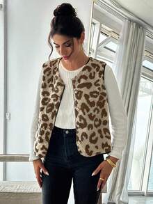 SHEIN Essnce Plus Size Winter Clothes For Women Business Casual Woman Women Leopard Print Single Breasted Sherpa Vest Jacket, Autumn/Winter Jacket Fur Coat Women - Khaki - View 3