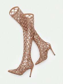 CUCCOO SZL Women's Fashionable Unique Sexy Net Rhinestone Thigh High Boots - Camel - View 6