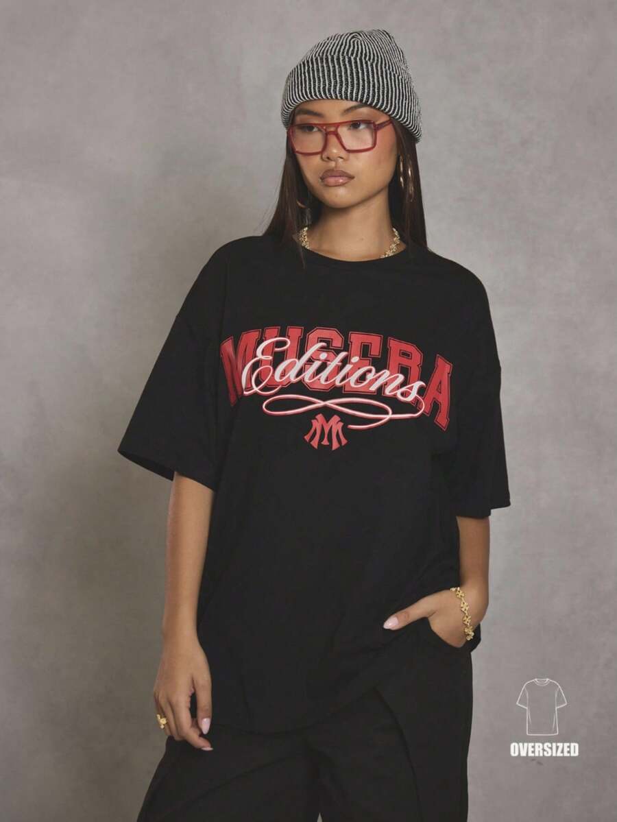 MUSERA Grafisches Oversized T-Shirt, Cool Girl, Streetstyle, Alltag, Herbst, Winter, Collegejacke, 1997 Herbst