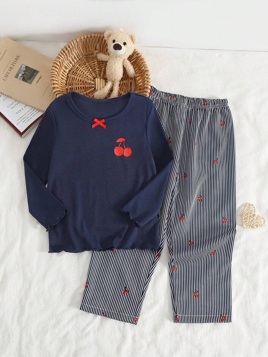 Young Girl' Navy Blue Ribbed Cherry Print Long Sleeve Top & Ribbed Pants Pajama Set - Navy Blue - View 1