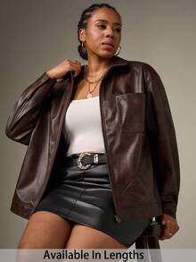 SHEIN Tall CURVE 秋季新款大码复古水洗雪花PU皮夹克 - 黑色 - 查看 1