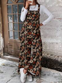 EMERY ROSE Plus Size Casual Leaf Print Loose Wide Leg Jumpsuit, Autumn