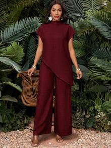 SHEIN Lady 女式度假休闲纯色不对称下摆衬衫和裤子两件套 - 酒紅色 - 查看 8