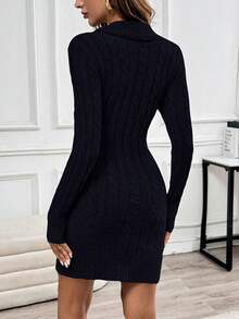 EMERY ROSE Collared Knit Long Sleeve Comfortable Sweater Dress - Navy Blue - View 2
